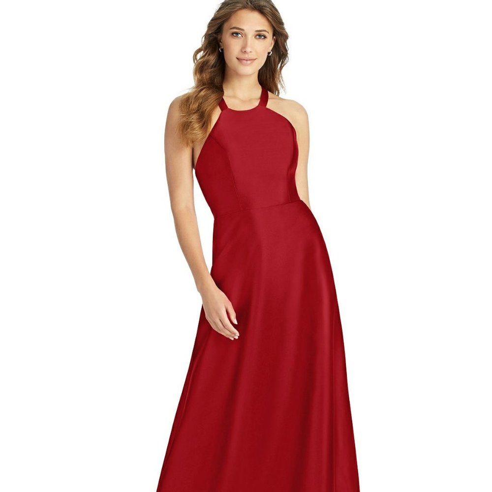 Alfred Sung 763..Full length, Halter, Lace-up Back, Satin Dress..Garnet.Size 8